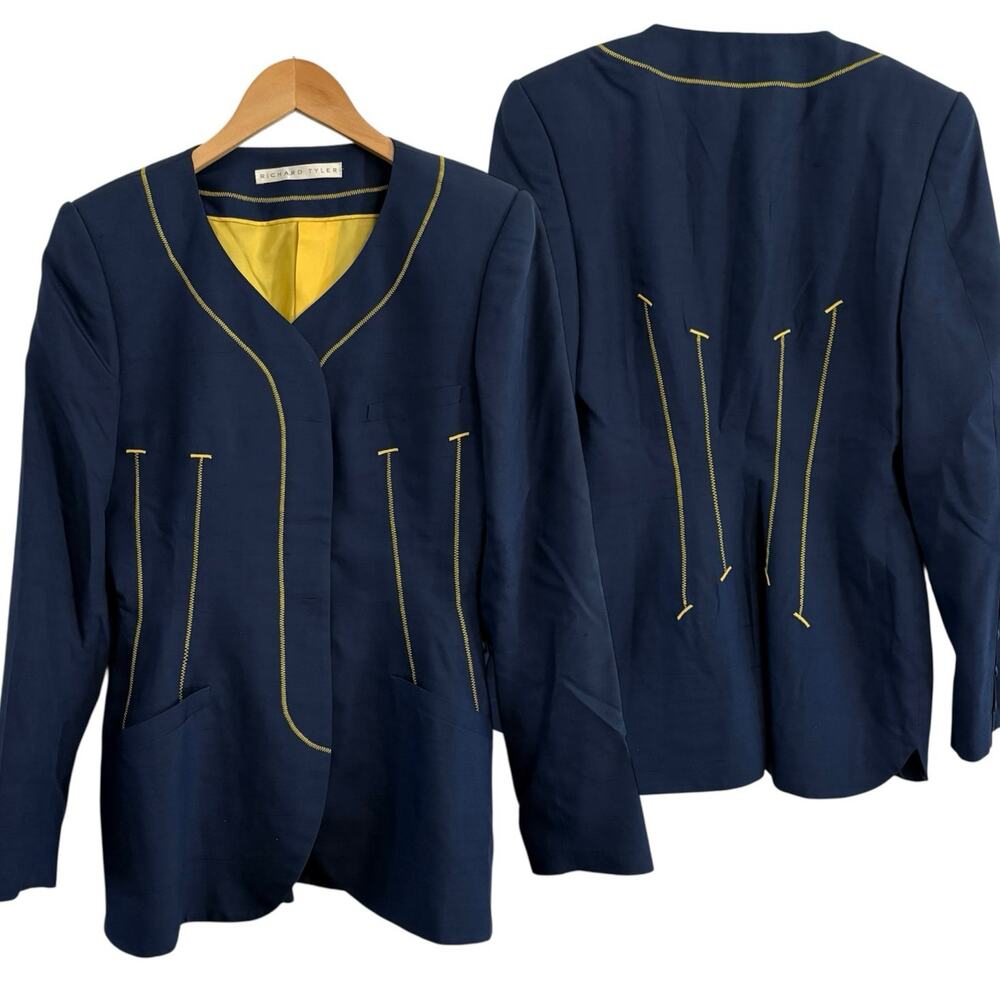 Vintage Richard Tyler Navy Blue Blazer Yellow Stitching 100% Silk Women’s Size 4